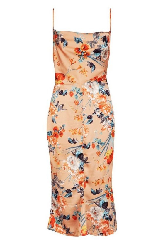 Satin Floral Cowl Flute Hem Slip Dress | Boohoo.com (US & CA)