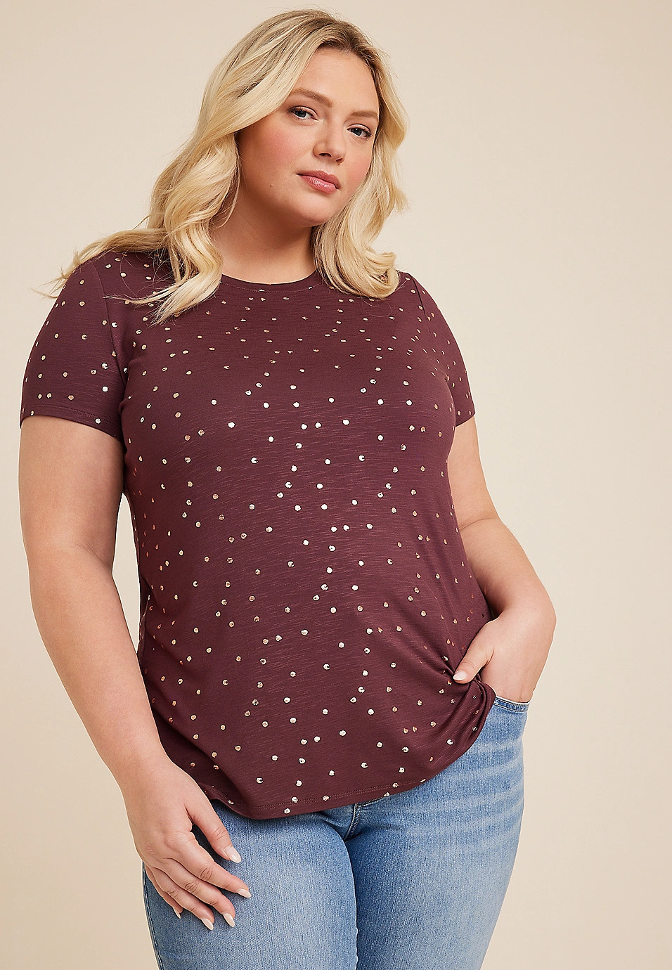 Plus Size 24/7 Kennedy Metallic Polka Dot Crew Neck Tee | Maurices