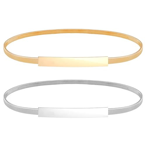 2PCS Thin Gold Belts For Women Gold Dress Belt Thin Gold Belt Gold Waist Belt Skinny Metal Waist Belt Gold Stretch Belt Skinny Metal Cinch Belt For Dress Women Fancy（Gold/Silver） | Amazon (US)