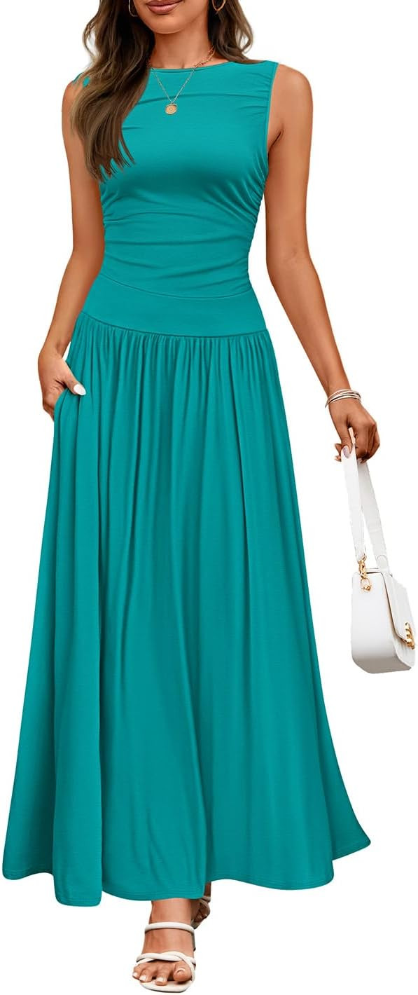 ZESICA Women's 2026 Summer Sleeveless Pleated Maxi Dress | Casual Crewneck, Flowy A Line Dress, L... | Amazon (US)