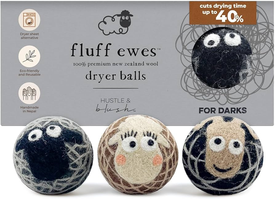 Hustle & Blush Fluff Ewes Wool Dryer Balls 3 Pack - Extra Large Darks Premium Hand Needled New Ze... | Amazon (US)
