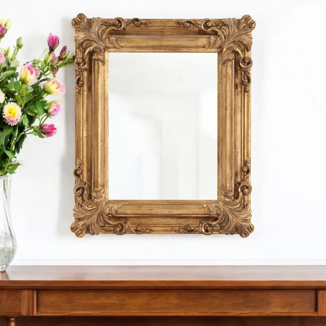 HomeRoots23" Antiqued Gold Ornate Scroll Framed Accent Mirror - 20" W x 2" D x 23" H | Overstock