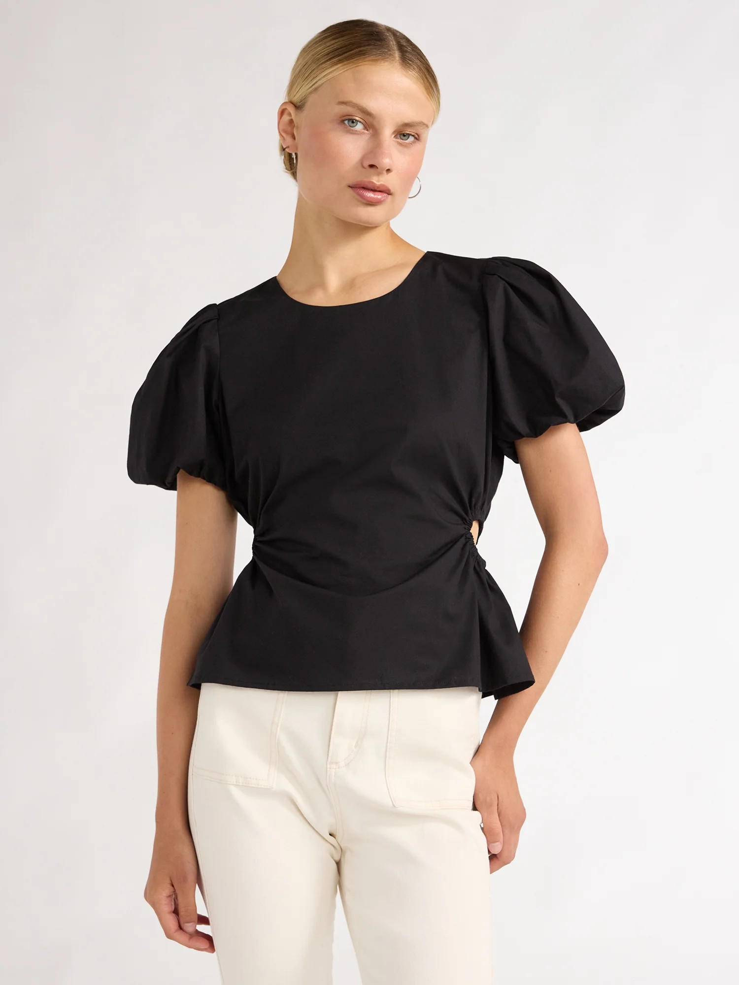 Scoop Women's Poplin Puff Sleeve Top with Cutouts, Sizes XS-XXL | Walmart (US)