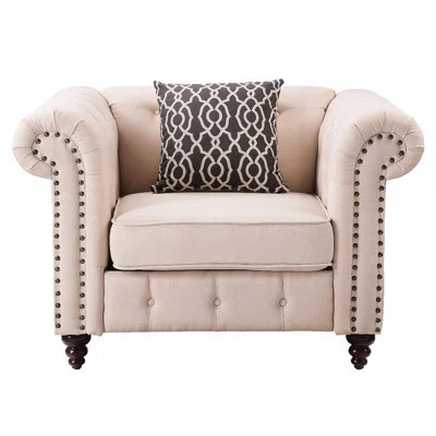 Stylish Beige Living Room Chair With Cozy Pillow - Linen Upholstered, Eucalyptus Charming Accent Cushion Covered, Solid Base | Wayfair North America