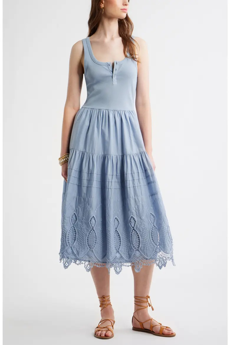 Embroidered Mixed Media Henley Tank Dress (Women) | Nordstrom | Nordstrom