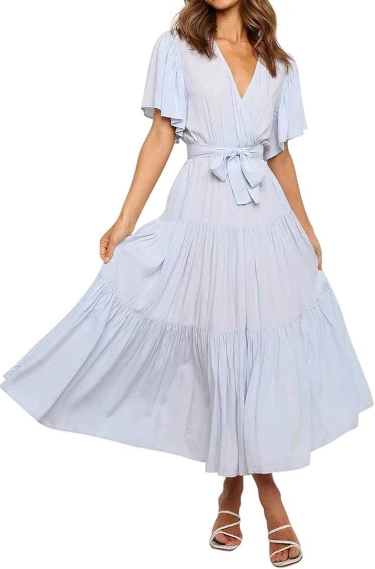 R.Vivimos Women's Fall Cotton Long Sleeves Irregular Polka Dot V Neck Casual Flowy Midi Dress | Amazon (US)