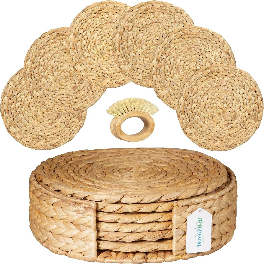 DecoraWell Round Woven Placemats Set of 6 with Bamboo Brush, Wicker Placemats, Woven Rattan Charg... | Amazon (US)