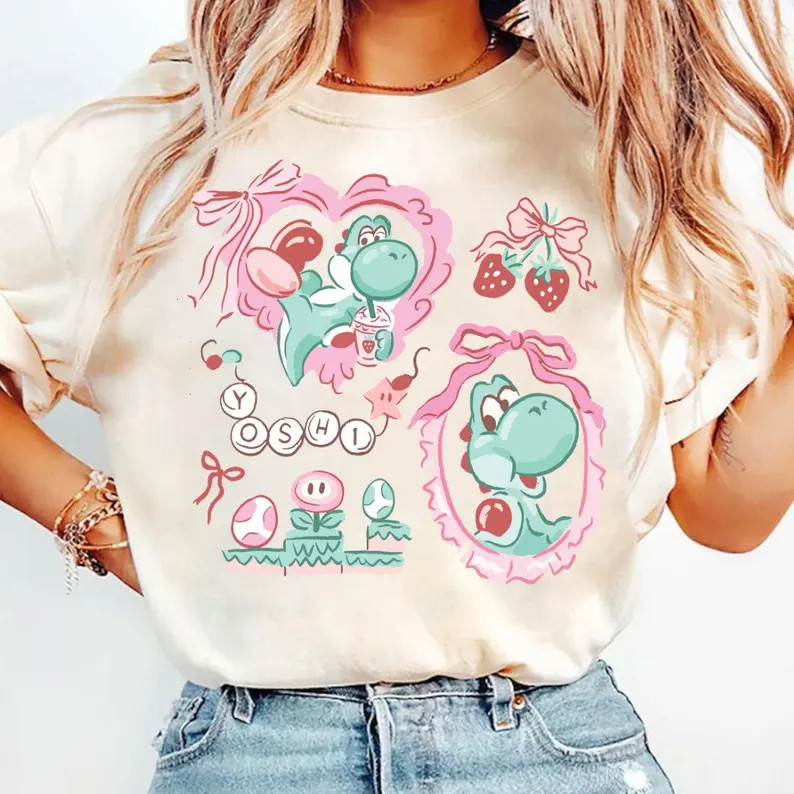 Coquette Bow Mario Yoshi Baby Tee Crop Tank, Mario Womens Shirt, Coquette Strawberries, Girls Tri... | Etsy (US)