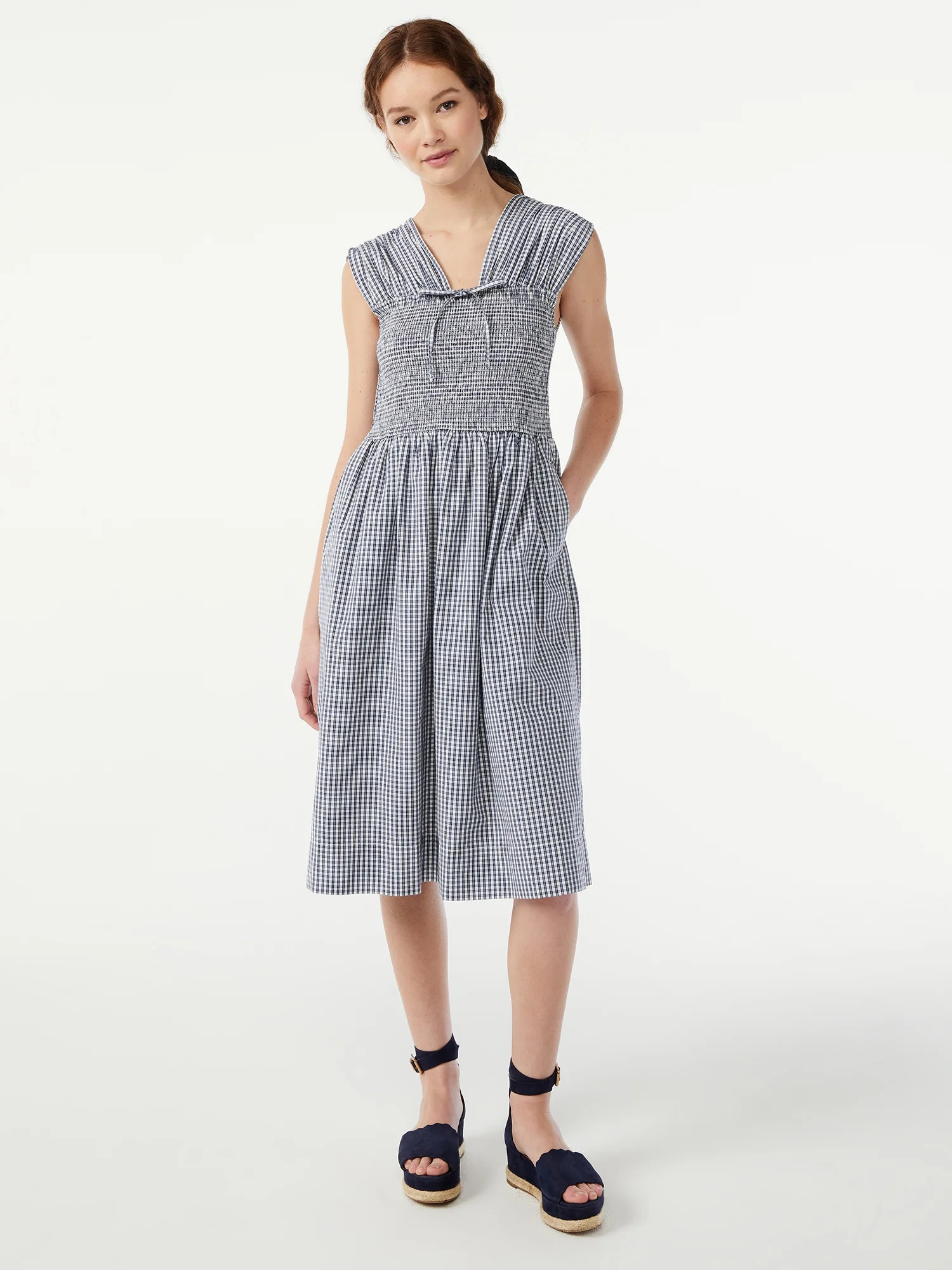Free Assembly Women's Smocked Midi Dress with Cap Sleeves - Walmart.com | Walmart (US)