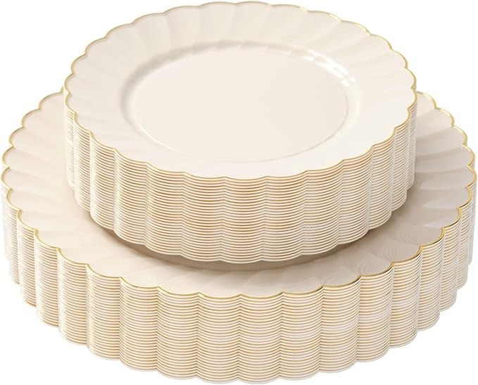 By Madee HEAVYWEIGHT 60 Pcs Ivory Scalloped Plastic Plates with Gold Trim | 30 Dinner & 30 Desser... | Amazon (US)