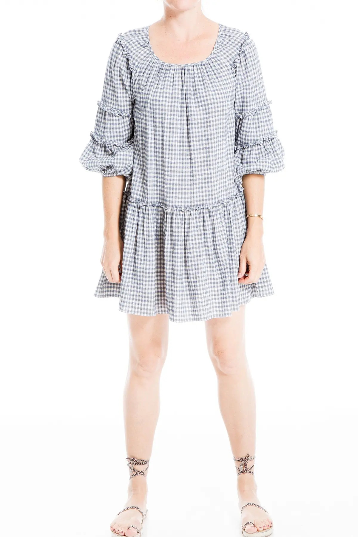 Max Studio | 3/4 Sleeve Gingham Print Tiered Mini Dress | Nordstrom Rack | Nordstrom Rack