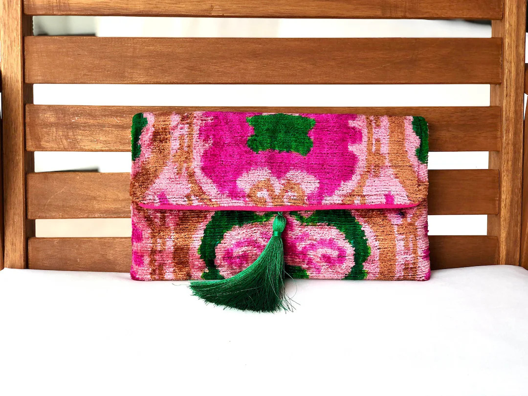 Pink Clutch Bag, Pink ikat clutch bag, Evening clutches, Wedding Bag, Boho Clutch Bag, Silk Ikat ... | Etsy (US)