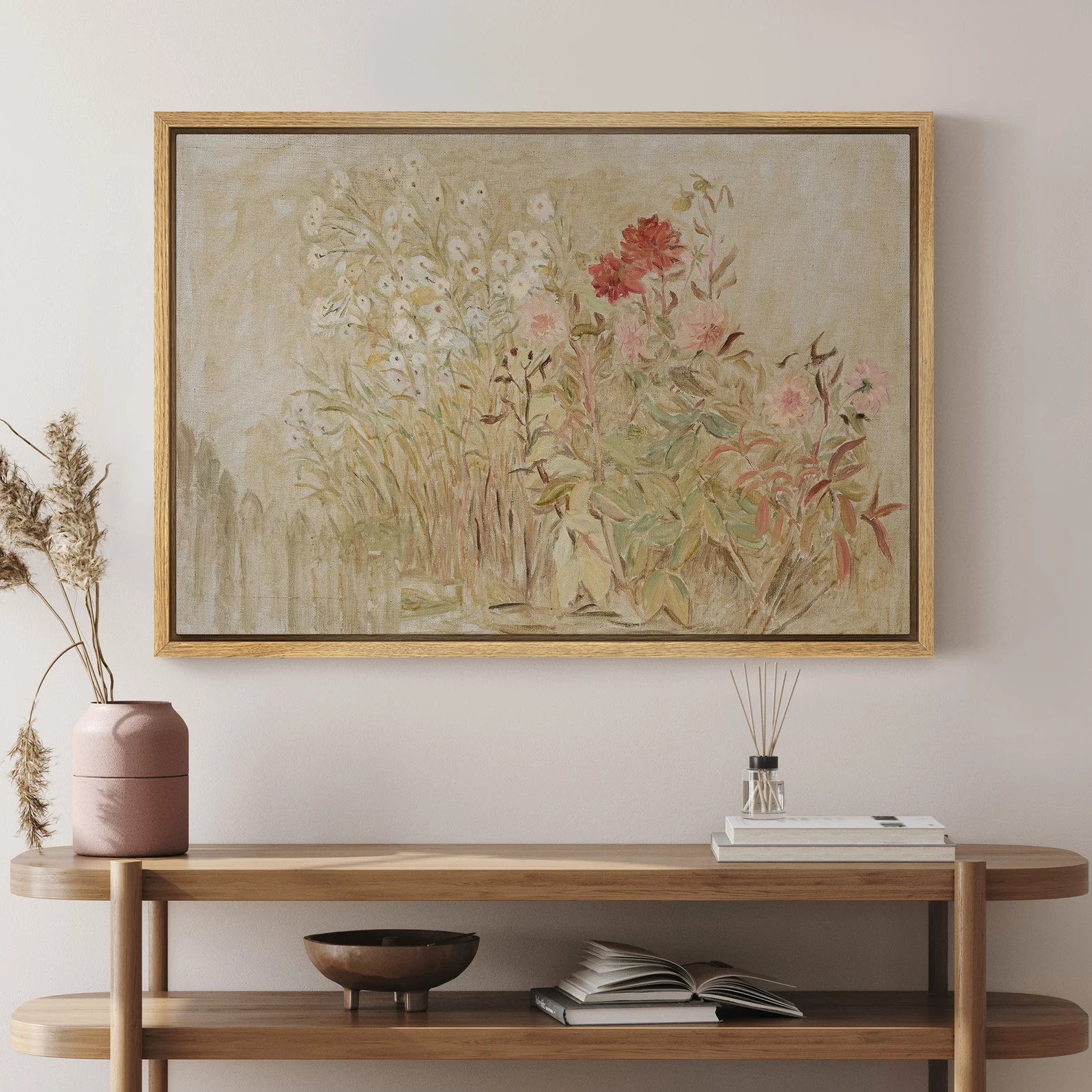 Vintage Wildflower Art - Framed Canvas Cottagecore Print, Soft Beige & Blush Botanical, Antique F... | Etsy (US)