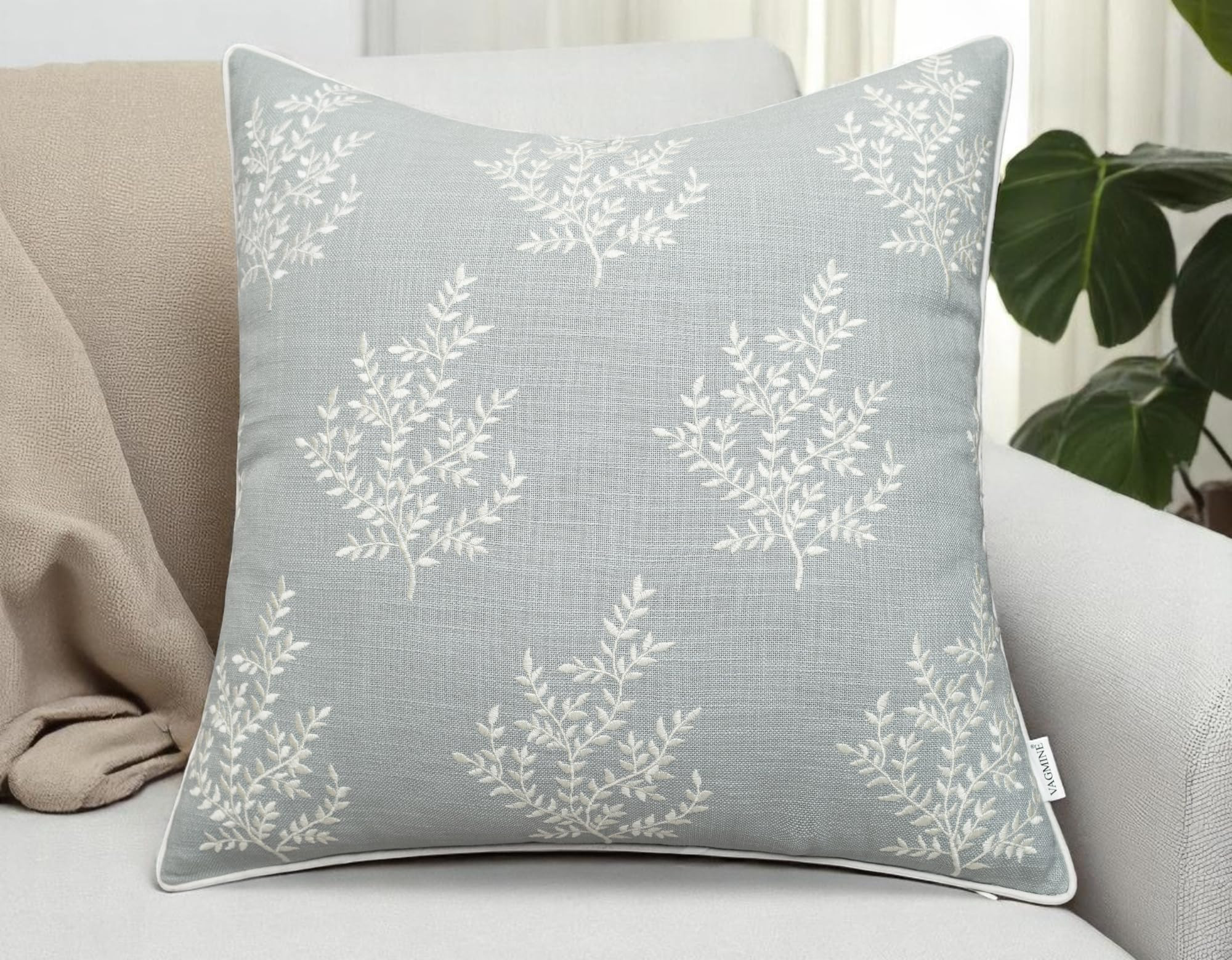 VAGMINE Embroidered Botanical Accent Pillow Cover 20x20 – Robin’s Egg Cotton Square Cushion C... | Amazon (US)