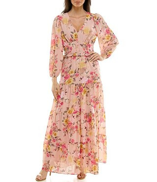 Moda Tara V-Neck Long Sleeve Floral Print A-Line Maxi Dress | Dillard's | Dillard's