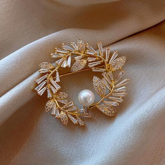 Women Pearl Leaf Crystal Diamond Brooch Brooch. Pin Sweater | Etsy | Etsy (US)