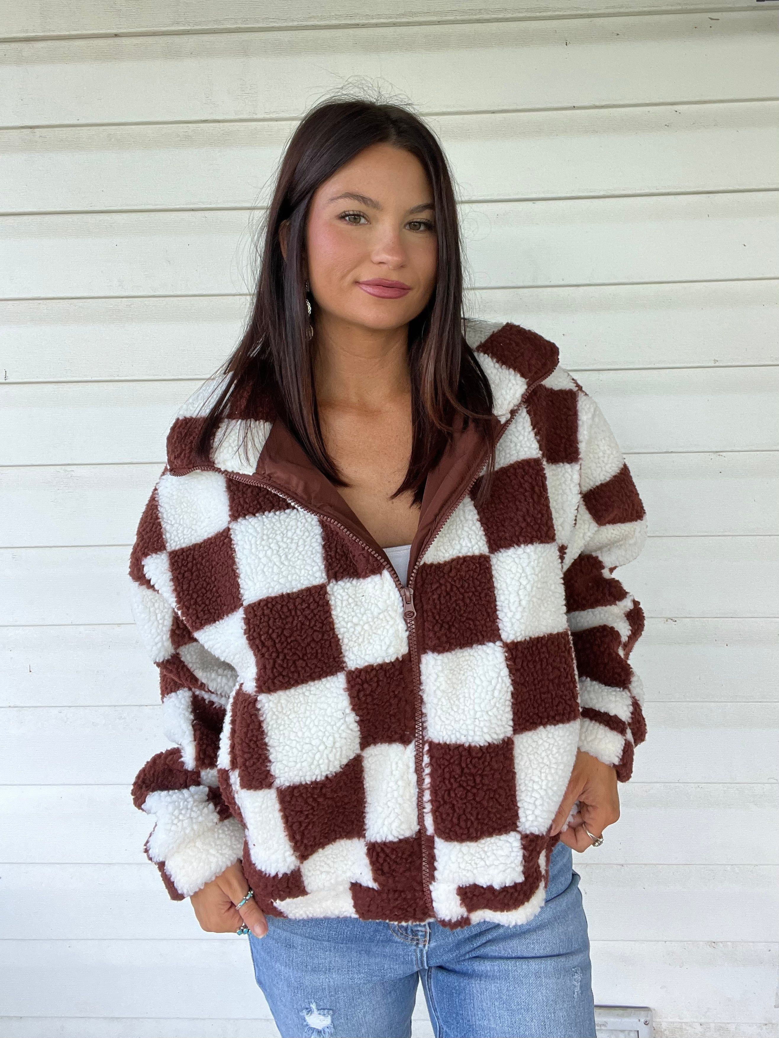 Checkered Sherpa Jacket - Brown | Willow Boutique