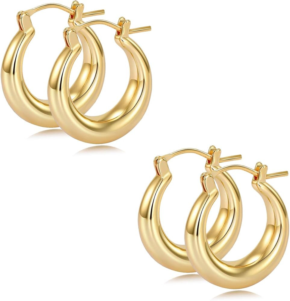 sovesi Chunky Gold Hoop Earrings for Women, Small Thick Gold Hoop Earrings, 14K Real Gold Plated ... | Amazon (US)