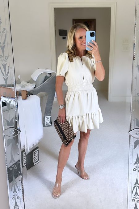 Ivory, faux, leather dress with short sleeves and ruffle hem
Transparent mule, sandals

#LTKunder100 #LTKover40 #LTKSeasonal