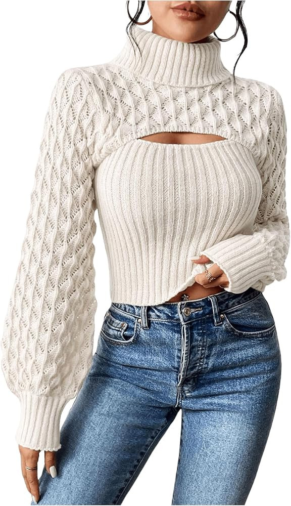 MakeMeChic Women's Cut Out Turtleneck Sweater Slim Fit Eyelet Detail Rib Knit Bishop Long Sleeve ... | Amazon (US)