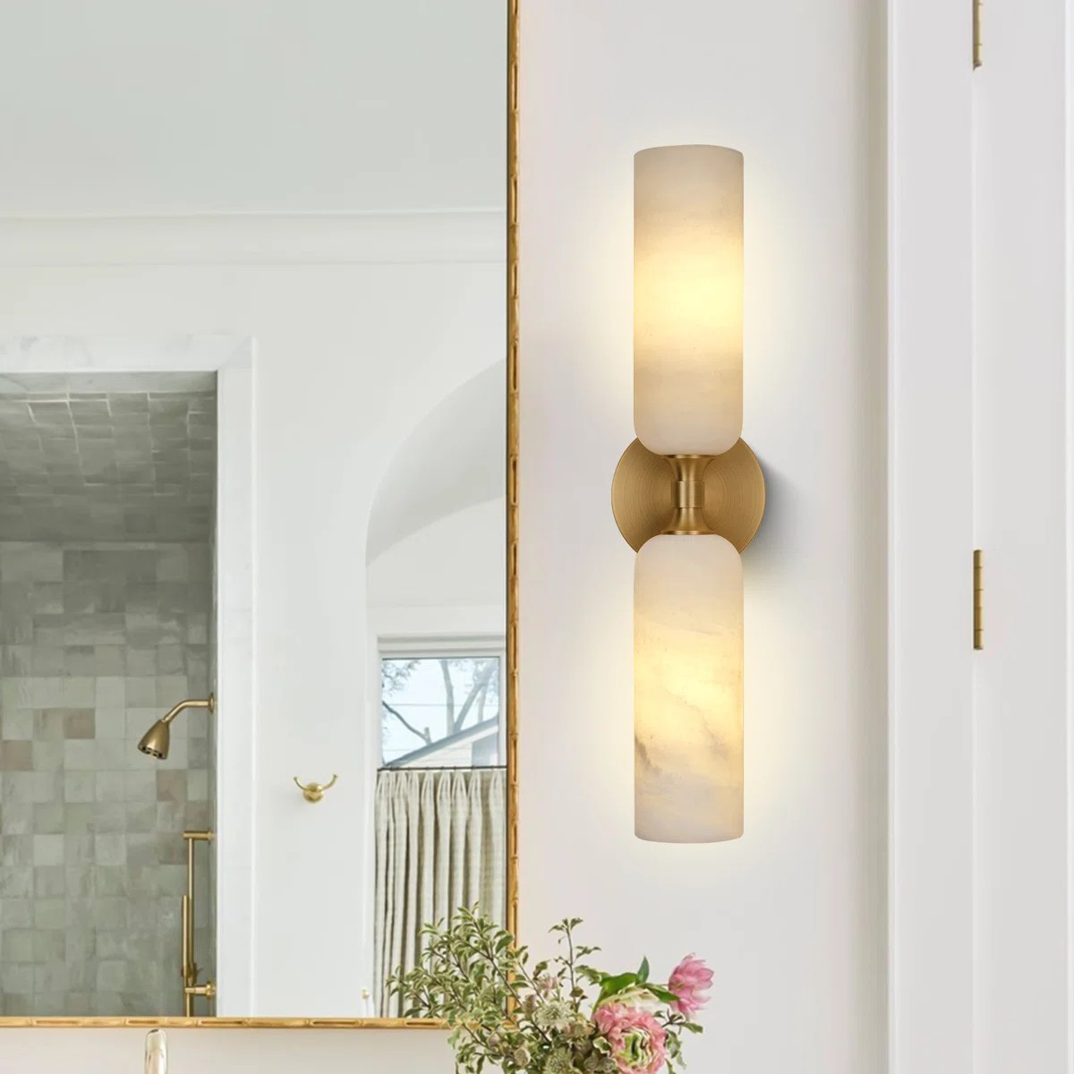 2 - Light Solid Brass Wall Mounted Sconce With Alabaster Shade (Bulbs Included) | Wayfair North America