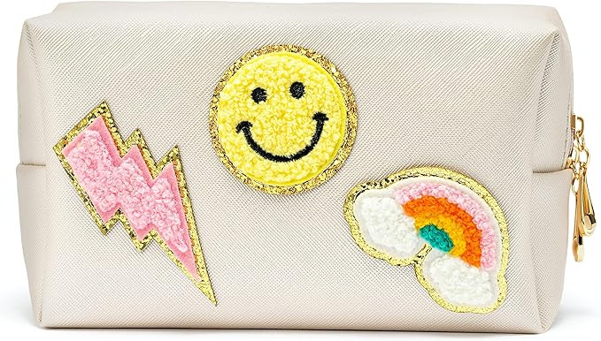 LieToi Preppy Patch Small Cosmetic Toiletry Bag Smile Rainbow Lightning PU Leather Waterproof Por... | Amazon (US)