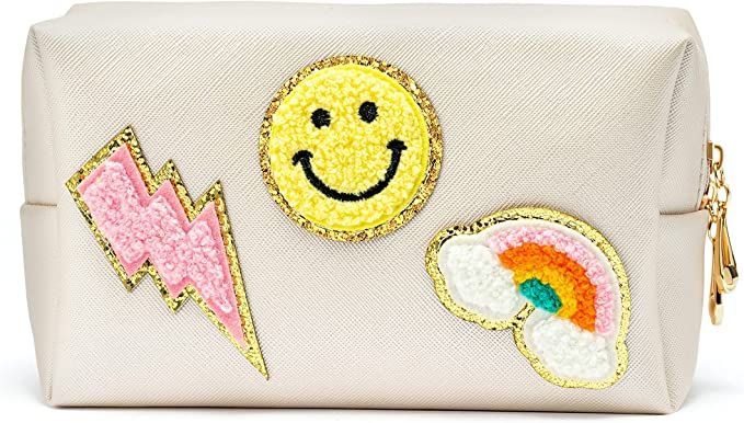 LieToi Preppy Patch Small Cosmetic Toiletry Bag Smile Rainbow Lightning PU Leather Waterproof Por... | Amazon (US)