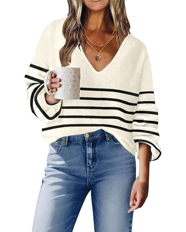 Womens Long Sleeve V Neck Sweaters Striped Knit Tops Casual Lightweight Pullover Sweater | Amazon (US)