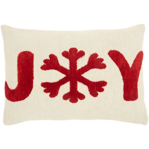 12"x18" Chenille Woven 'Joy' Christmas Lumbar Throw Pillow Ivory/Red - Mina Victory | Target