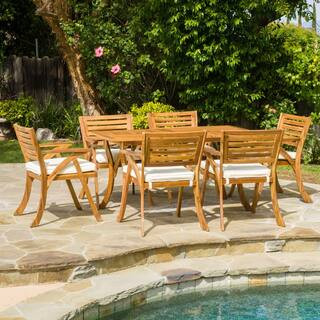 Noble House Hermosa Teak 7-Piece Wood Rectangular Outdoor Dining Set with Cream Cushions 9495 - T... | The Home Depot