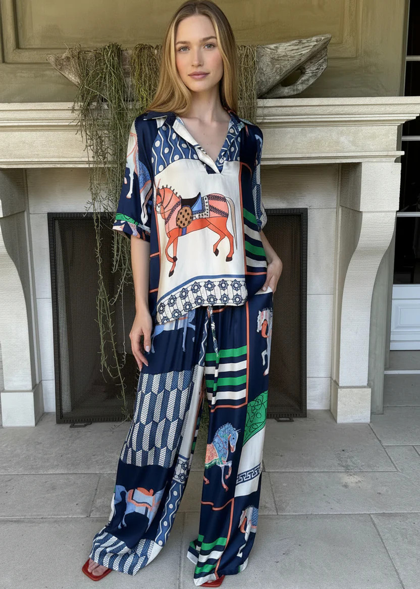 Amara Equestrian Print Silky Top - Navy Short Sleeve | Benaar La