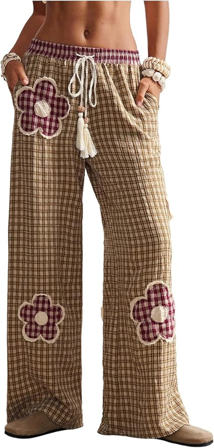 BEAUDRM Women's Floral Patch Baggy Pants Plaid Drawstring Waist Wide Leg Causal Trousers with Poc... | Amazon (US)