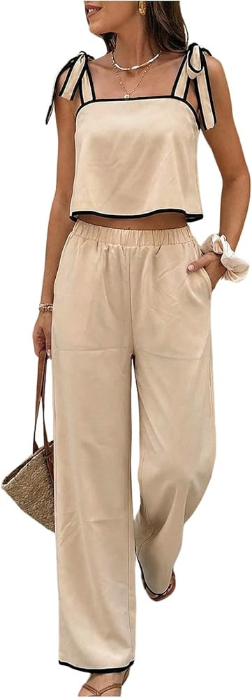 SOLY HUX Women's Summer Vacation 2 Piece Set Tie Shoulder Crop Top and Pants Travel Outfits | Amazon (US)