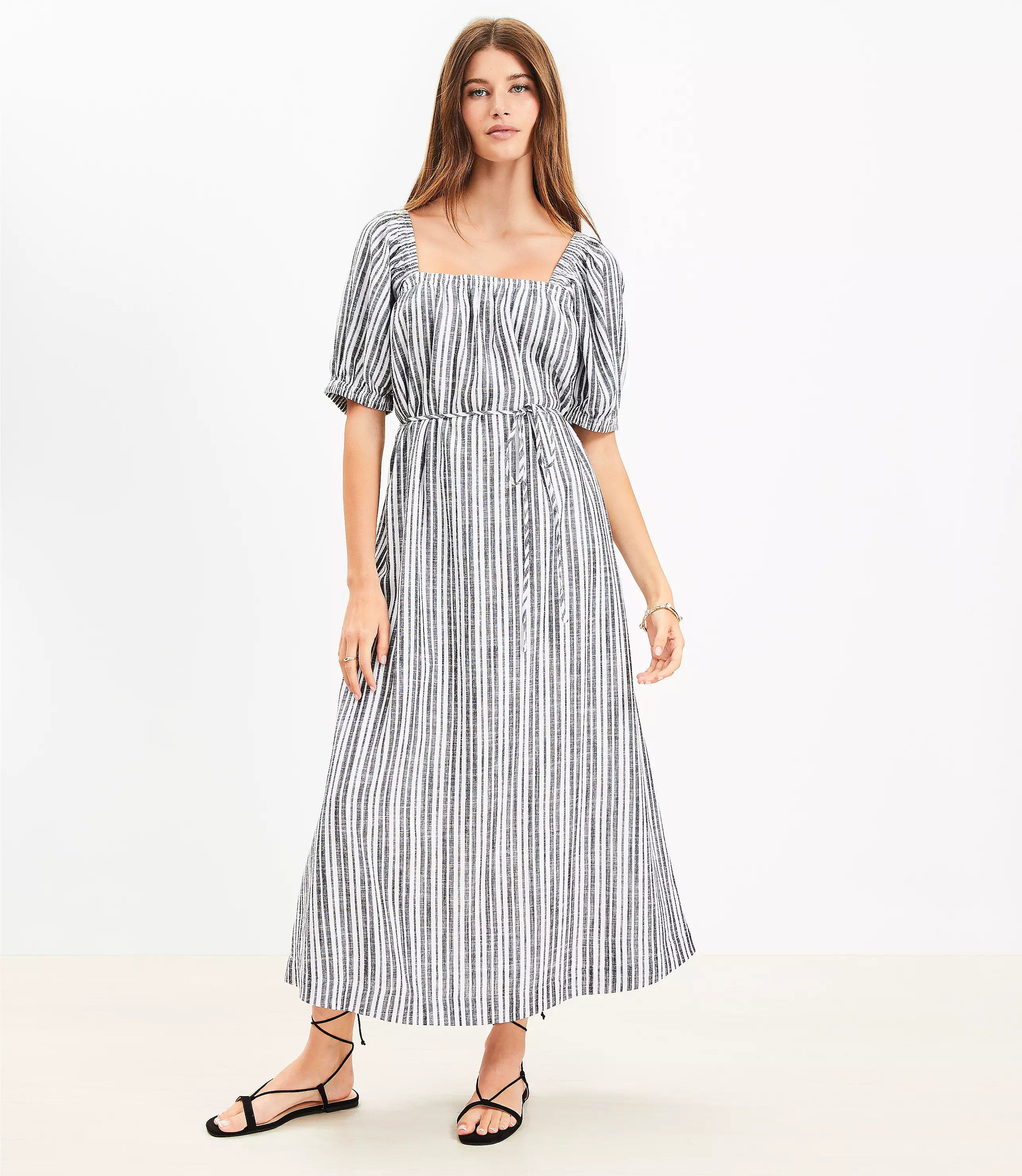 Striped Smocked Square Neck Midi Dress | LOFT