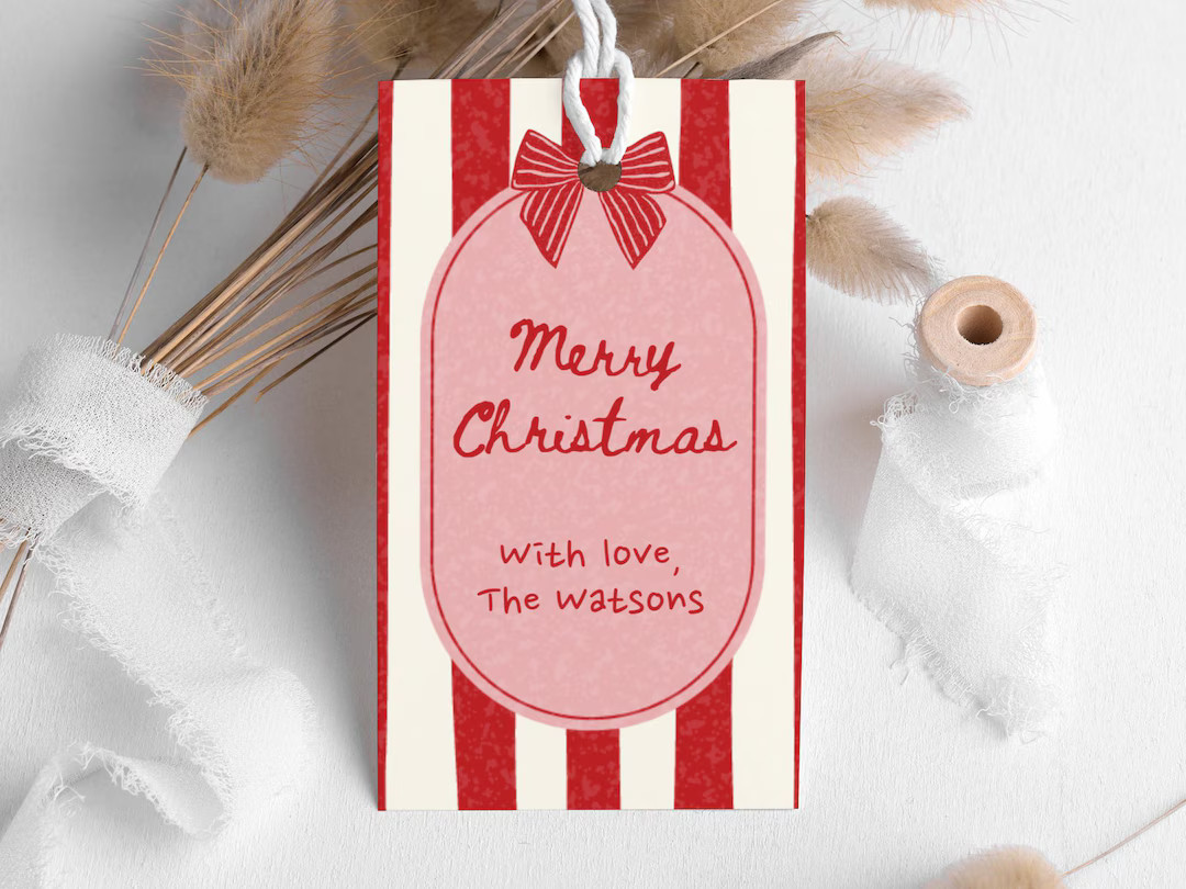 Red Striped Christmas Gift Tag With Bow, Vintage Candy Cane Tag, Merry Christmas Favor Tag, Retro... | Etsy (US)