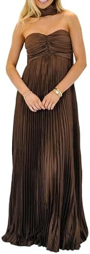 Women Bridesmaid Dresses with Scarf Strapless Pleated Flowy Solid Long Formal Wedding Guest Dress... | Amazon (US)