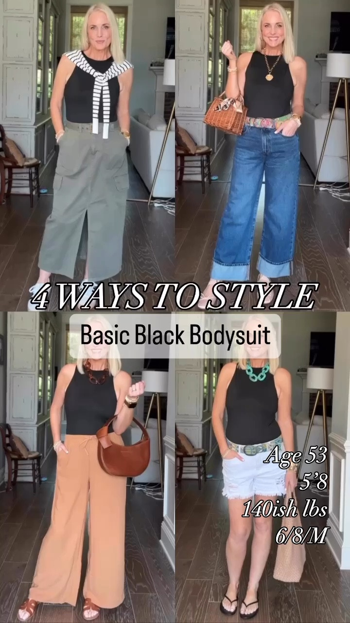 I'm excited to share 4 fabulous and easy ways to style this wardrobe staple. 

Whether you're dressing up or down, these outfits are perfect for any occasion:

1️⃣ Black bodysuit + white denim shorts + flip flops for a relaxed summer vibe. 
2️⃣ Black bodysuit + breezy palazzo pants + sandals for effortless elegance. 
3️⃣ Black bodysuit + cargo skirt + sneakers (sweater thrown over the shoulders) for a chic casual look. 
4️⃣ Black bodysuit + cuffed hem jeans + fun belt, necklace, and ballet flats for a polished yet playful ensemble.

Each look is stylish, age-appropriate, and oh-so-comfortable. Let's inspire each other to embrace our style journeys and look fabulous at any age.  ✨

Which look resonates with you the most? Let me know in the comments!

For Jennifer Ponson jewelry, use code LAUREN10 and FREESHIP to receive 10% off at checkout + free shipping! I am wearing the 21” Coin Necklace from her Italian Treasures Coin Collection. https://www.jenniferponson.com/discount/Lauren10

Here’s the link for Madeline Parks Designs. Be sure to use code LAUREN10 to get 10% off! https://madelineparksdesigns.com/discount/LAUREN10

#LTKMidsize #LTKStyleTip #LTKPlusSize
