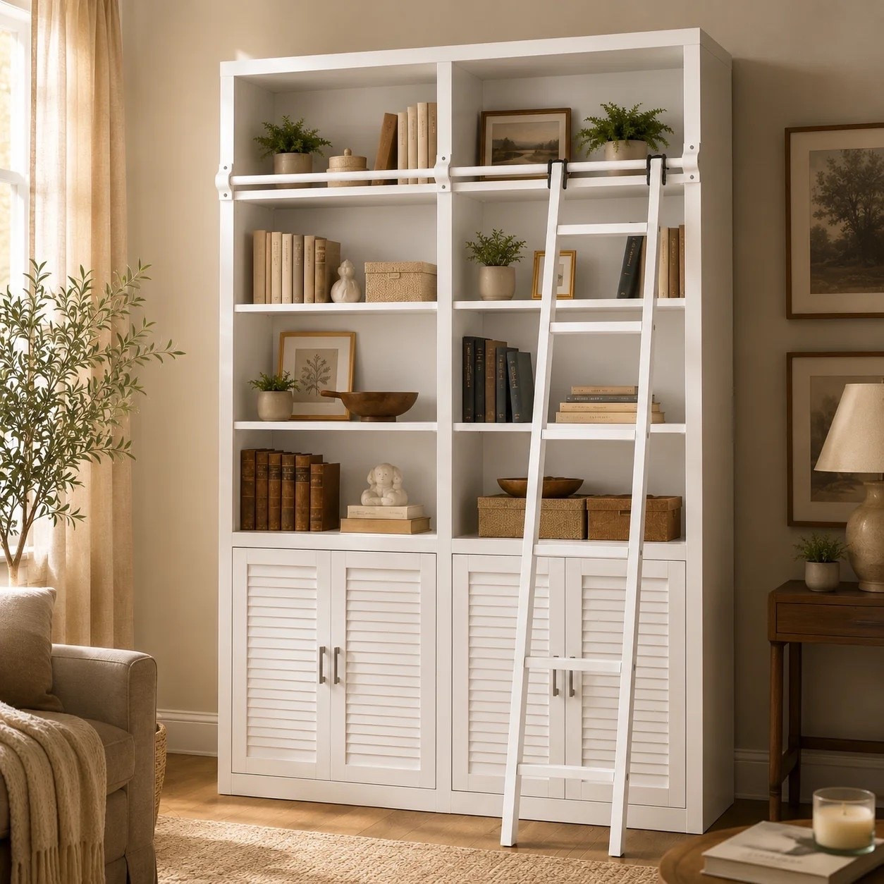Inspired by elegant home libraries, the Pierce White Tall Bookcase with Ladder features soaring shelves, a rolling ladder, and classic louvered cabinet doors for a timeless built-in look. Its modular design offers generous storage while creating a sophisticated focal point for your living room, home office, or study. ON SALE and under $800.

Ideas:

* home library inspiration
* luxury home office
* built-in bookcase style
* timeless interior design
* elegant storage solutions

Keywords:

* Pierce bookcase
* tall white bookcase
* bookcase with ladder
* library bookshelf
* modular bookcase
* white bookshelf
* home library furniture
* bookcase with cabinet
* louvered cabinet doors
* home office bookshelf
* built-in library look
* luxury storage furniture
* living room bookshelf
* display bookcase
* reading room furniture
* classic home décor
* designer-inspired furniture
* large bookcase
* elegant storage cabinet
* statement bookshelf

#LTKSeasonal #LTKHome #LTKSaleAlert