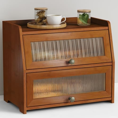 Goozii Wooden Bread Box for Kitchen Countertop, Dark Wood Bread Storage Container for Homemade Bread, 2 Tier Roll Top Breadbox Holder Keeper for Sourdough Loaf Storage (Walnut Brown) | Amazon (US)