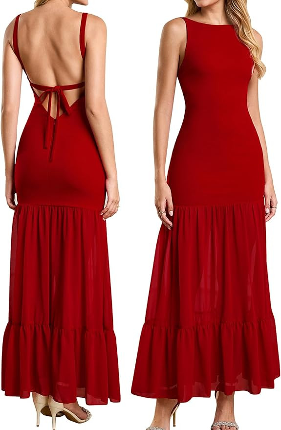 HTZMO Women Elegant Formal Bodycon Maxi Dress Sexy Backless Bow Tie Ruffle Flowy Wedding Guest Pa... | Amazon (US)