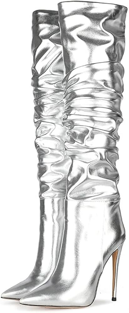 Women Fashion Slouchy Knee High Boots Pointed Toe High Heel Thigh High Boot Patent Mirror Stilett... | Amazon (US)