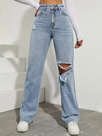 SHEIN EZwear High Waist Ripped Boyfriend Jeans | SHEIN