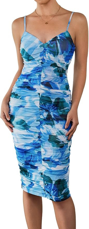 EYNMIN Women's Summer Floral Midi Bodycon Dress V Neck Spaghetti Strap Ruched Sleeveless Pencil D... | Amazon (US)