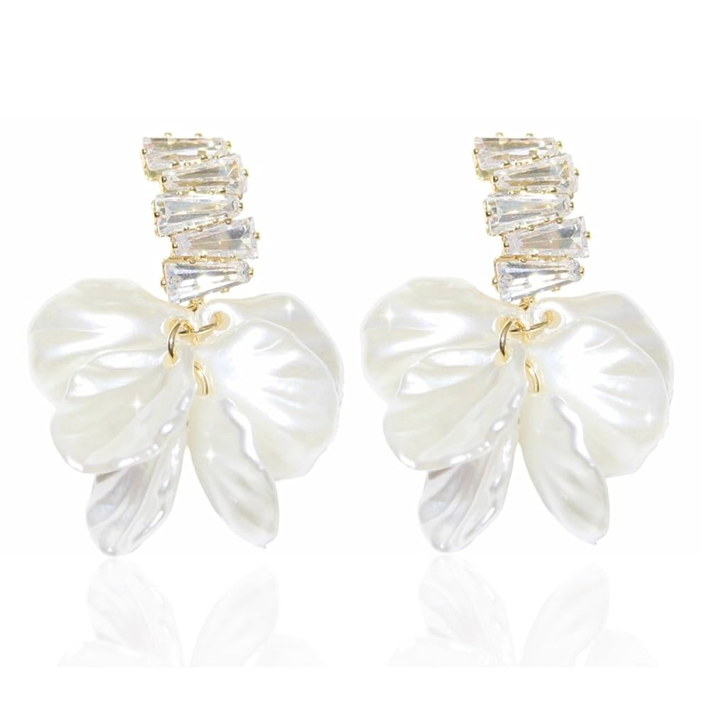 Women's Pearl Flower Dangle earrings Sterling silver post, wedding Prom Bridal gift for mother an... | Amazon (US)