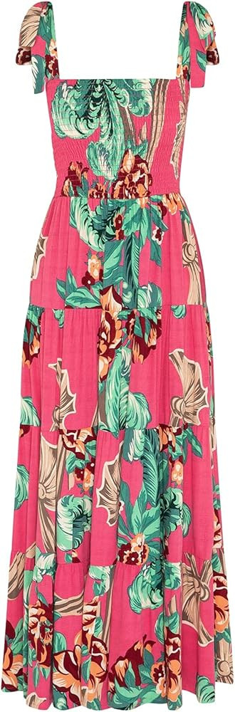 kinstell Women's Summer Boho Spaghetti Strap Square Neck Ruffle Casual Flowy Long Dress Beach Swi... | Amazon (US)