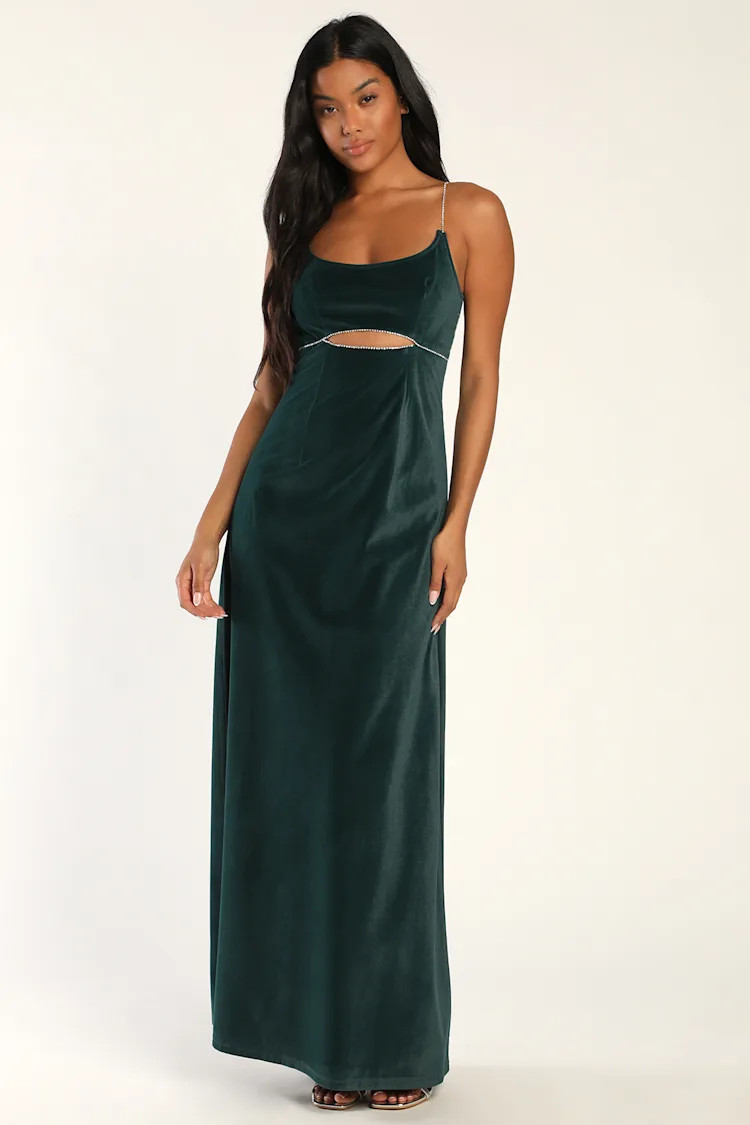 Gala Glam Hunter Green Velvet Rhinestone Cutout Maxi Dress | Lulus (US)