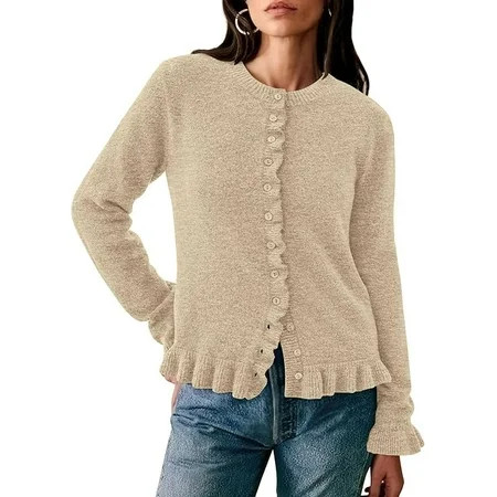 PRETTYGARDEN Womens Fall Button Down Cardigans Chunky Knit Ruffle Open Front Cropped Cardigan Sweaters Soft Long Sleeve Tops | Walmart (US)
