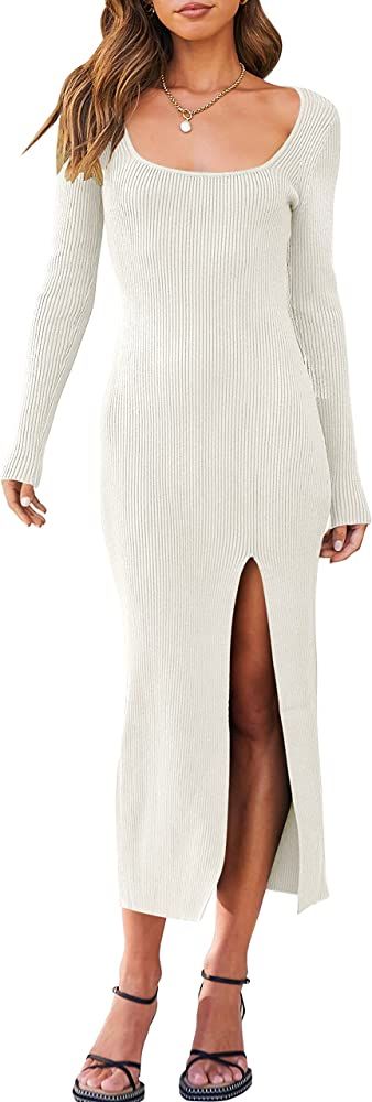 ANRABESS Women's Long Sleeve Square Neck Slit Bodycon Sweater Dress Ribbed Knit Slim Fit Maxi Lon... | Amazon (US)