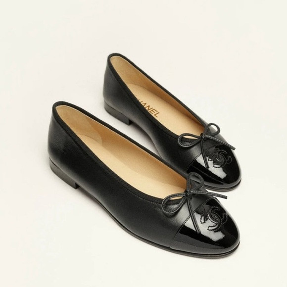 CHANEL Black Leather Cap-Toe Bow Ballet Flats | Poshmark