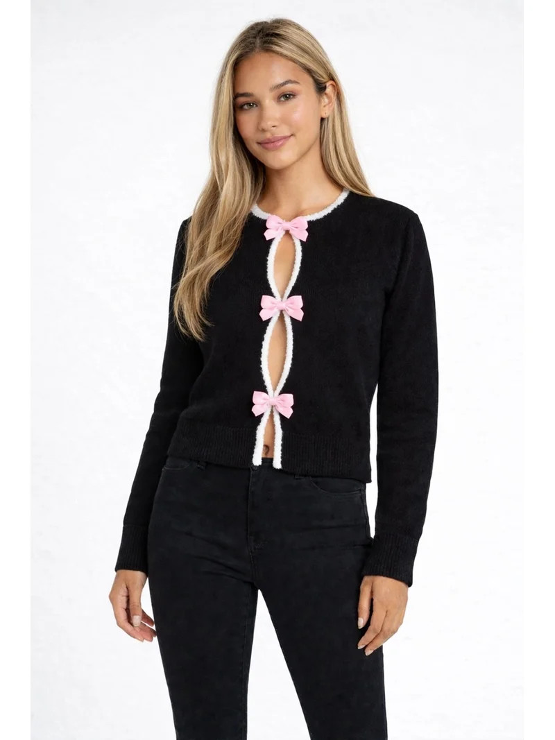 Forever 21 Velvet Bow Open-Front Knit Sweater, Color-Black/Cream, Size-Xs | Walmart (US)